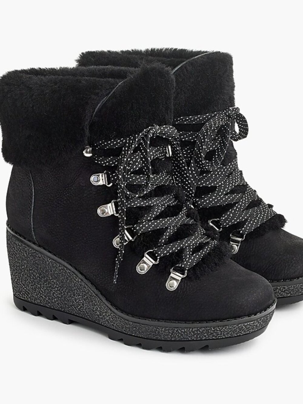 JCrew Women's Nordic Wedge Winter Boots Fur Chunky Black sz 6 M Style K290